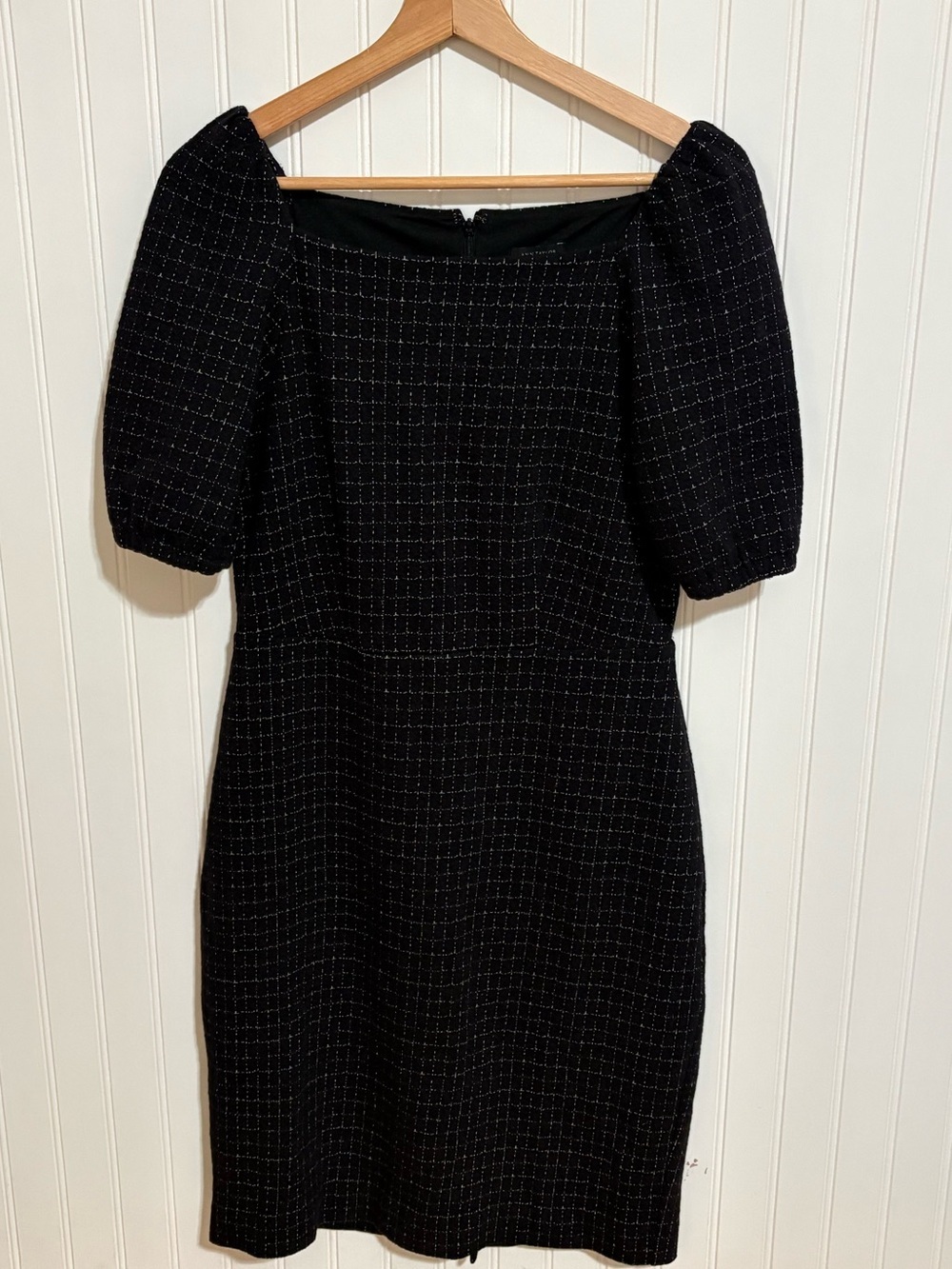 Ann Taylor Black Textured Grid Square Neck Puff Sleeve Dress Size 2